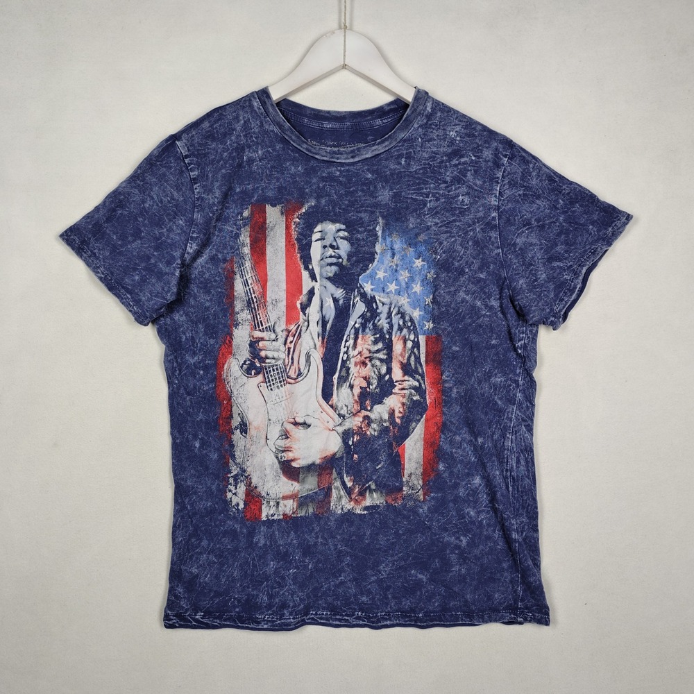 Jimi Hendrix American Flag Graphic Acid Wash T-Shirt Blue Medium